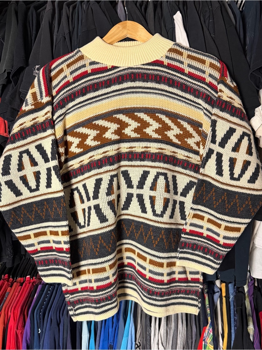 Vintage Star Cody Knit Sweater Mens Large Brown Geometric Abstract Western 90s